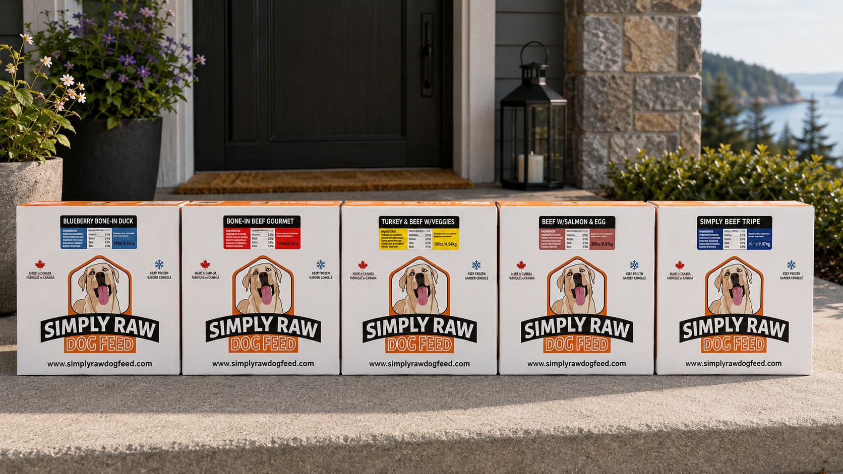 Five white boxes of Simply Raw Dog Food arranged in a row on a concrete porch in front of a house with a stone column and outdoor view. The boxes show different flavor/color options with labels including Blueberry and Chicken .